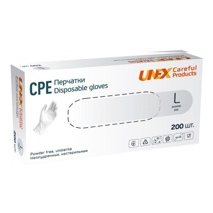 Рукавички хлор-поліетилен L (8-9) 200шт білі неопудрені Unex CPE