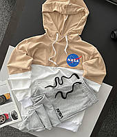 Спортивный костюм мужской nasa демисезонный осенний весенний серо-бежевый худи штаны наса осень весна