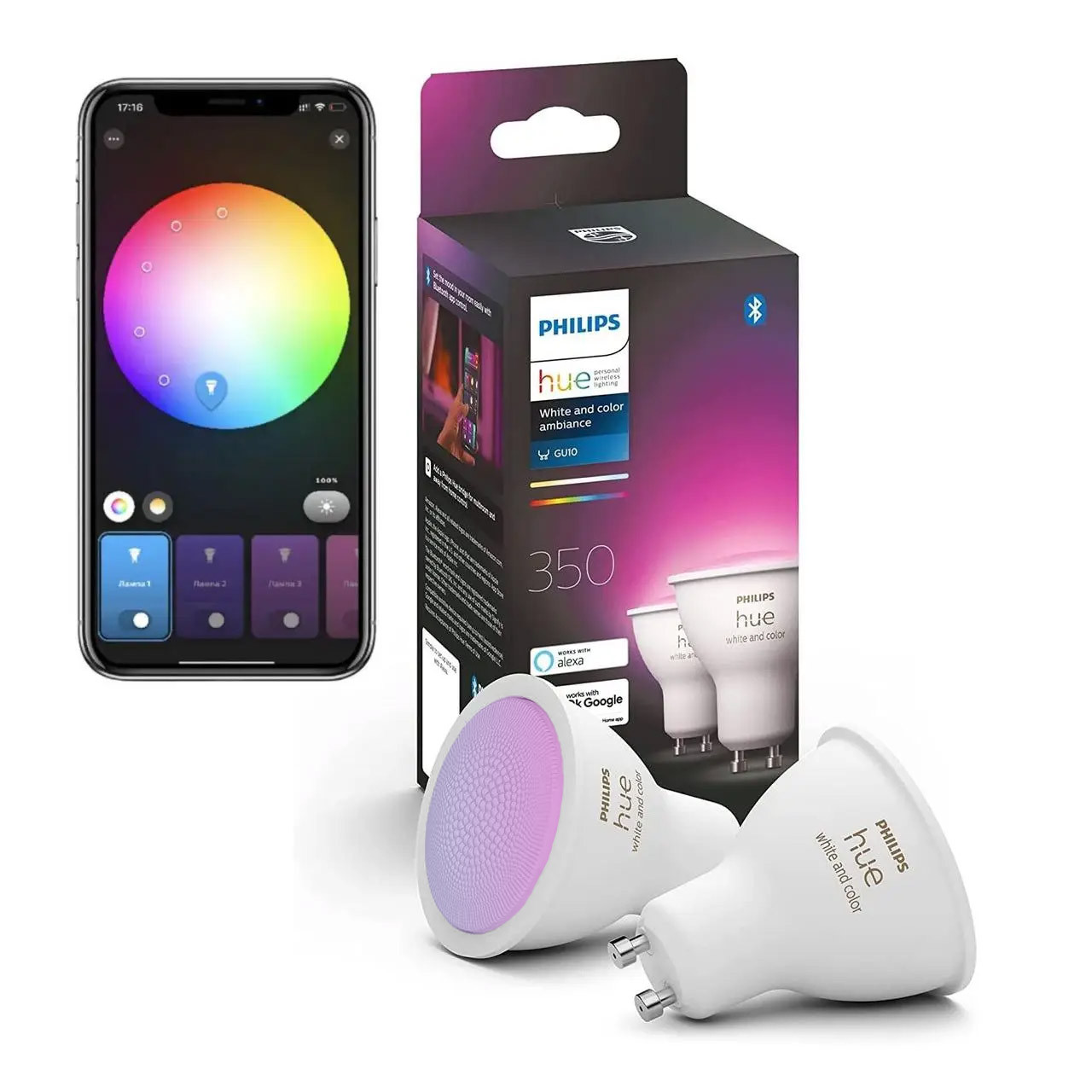 Розумні LED лампочки Philips Hue GU10 White and Color 350 лм 50Вт 5.7W, ZigBee, Bluetooth, Apple HomeKit, 2шт.