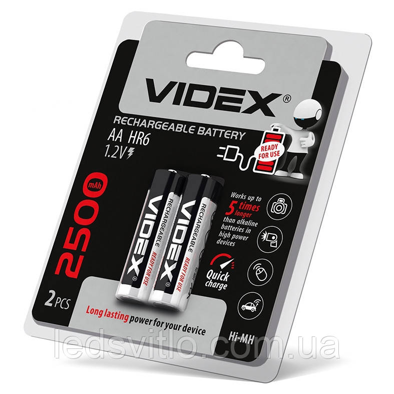 Акумулятори нікель-металогідридні VIDEX 1.2V 2500mAh (HR06/AA 2500mAh double blister 2шт)