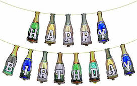 Фольговані кулі Пляшки "Happy Birthday". Довжина: 2,50м Розмір пляшки: 16см*38см.
