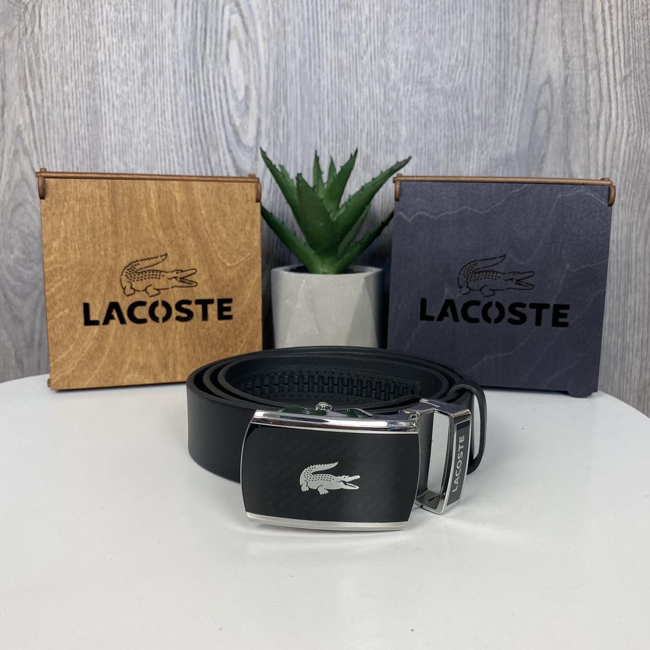 Чоловічий шкіряний ремінь у стилі Лакоста крокодил, чорний поясний ремінь Lacoste натуральна шкіра, фото 1
