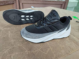 Кросівки Adidas SHARK BLACK/GREY/WHITE шкіряні з замшевою вставкою на високій білій підошві унісекс, фото 2