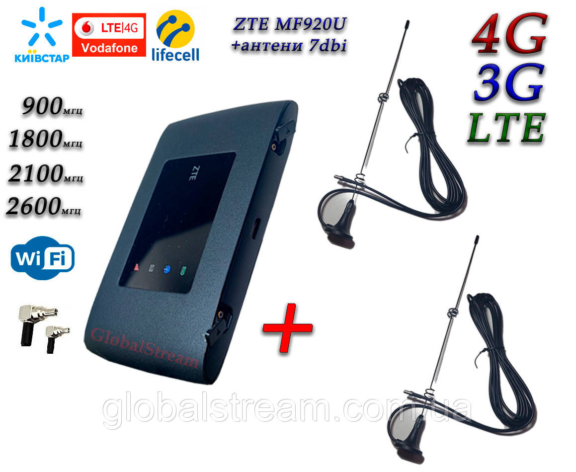 Мобільний модем 4G-LTE+3G WiFi Роутер ZTE MF920U чорний + 2 антени 4G(LTE) на 7 db магніт