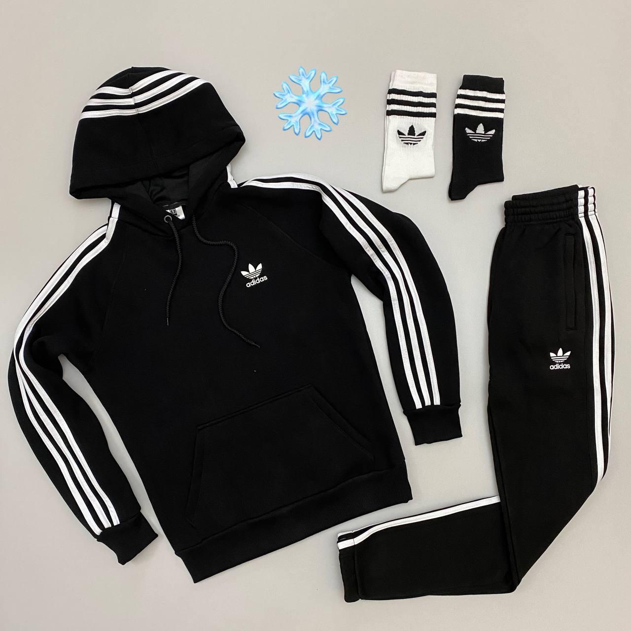 Чоловічий спортивний костюм Adidas чорний з капюшоном ❖ Комплект зимовий Адакіс кофт і штани, фото 1