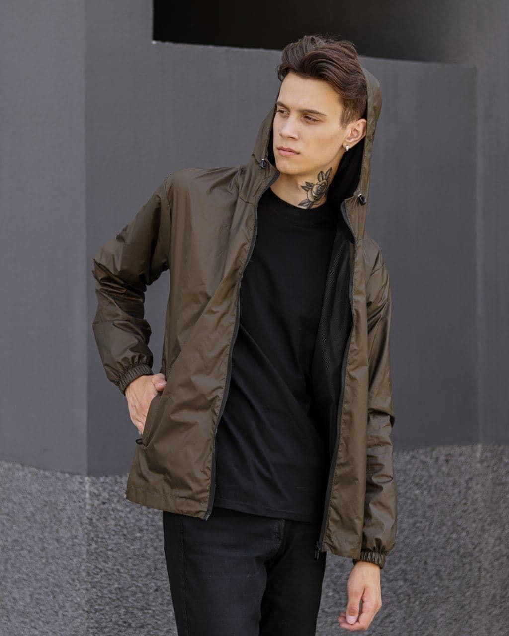Куртка чоловіча вітровка осінь-весна демісезонна з капюшоном хакі. Живе фото, фото 1