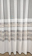 Тюль Розабелла красивая льняная тюль с узорами в виде полос и вышивкой кофейного цвета для зала гостинной