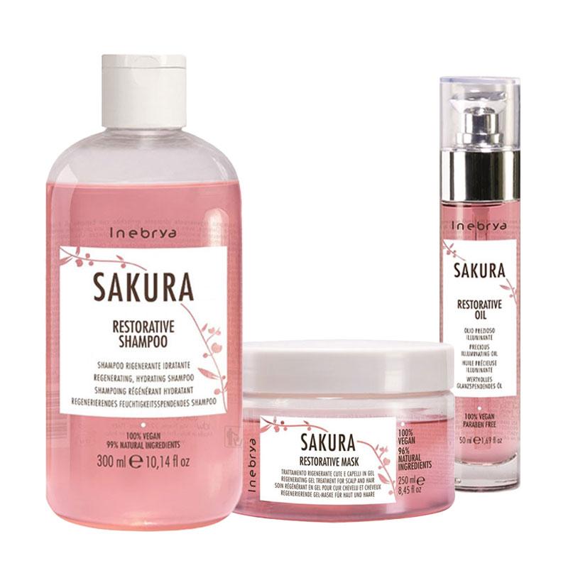 Набір Inebrya Sakura Restorative Регенеруючі зволожуючі шампунь, маска та олія (300+200+50 мл)