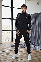Мужской утепленный спортивный костюм Adidas черный без капюшона | Комплект зимний Адидас кофта и штаны