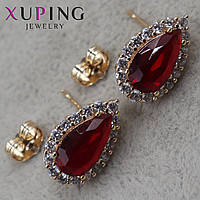 Серьги пуссеты гвоздики золотистого цвета размер 16х10 мм фирма Xuping Jewelry с рубиновыми камушками