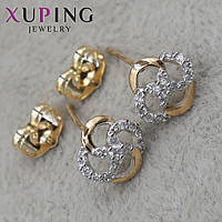 Серьги пуссеты гвоздики золотистого цвета размер 9х9 мм фирма Xuping Jewelry с белыми кристаллами