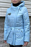 Голубая куртка демисезонная плащевая ткань А-силуэт размеры от 48 до 56 с капюшоном и карманами