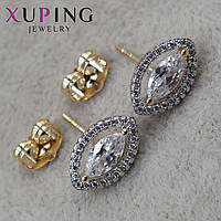 Сережки пускети гвоздики золотистого кольору розмір 12х8 мм фірма Xuping Jewelry з білими кристалами