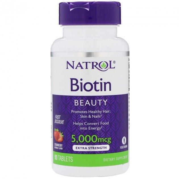 Біотин (Biotin) Natrol, 5000 мкг, 90 таблеток, з полуничний смак