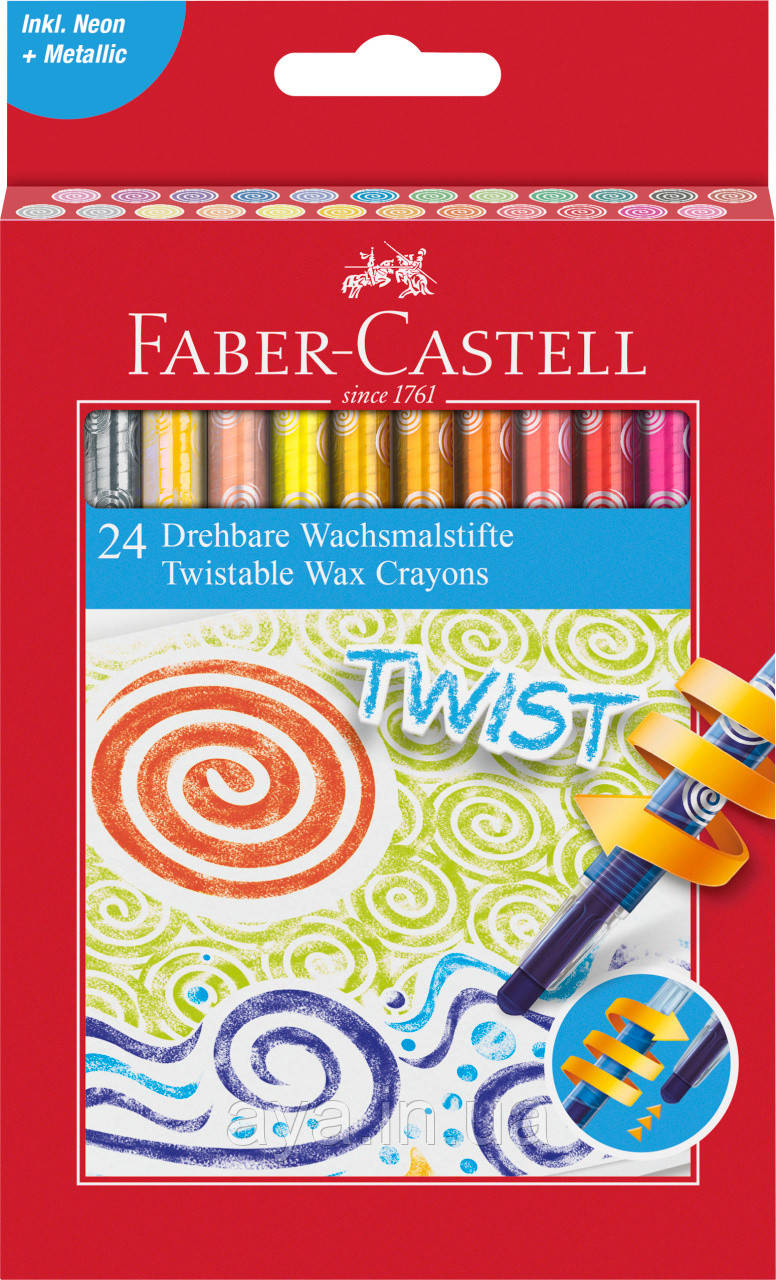 Олівці воскові викручуються в пластиковому корпусі Faber-Castell 24 кольору в картонній коробці, 120004, фото 1