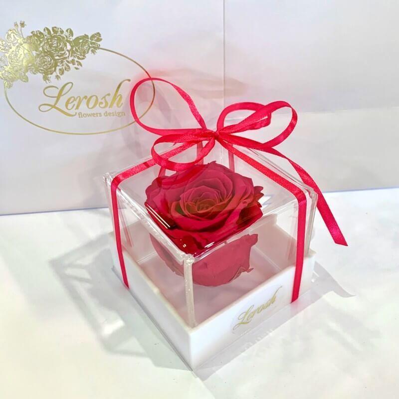 Стабілізована троянда Lerosh бутон троянди в подарунковій коробці малиновий 8x8x8 см. 830181