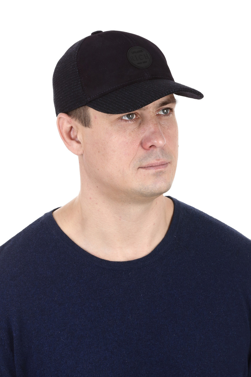 Бейсболка чоловіча синя з вовни з оздобленням із натуральної замші, фото 1