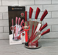 Набор кухонных ножей 9 предметов Edenberg EB-3616 - Красный / Кухонные ножи на крутящейся подставке