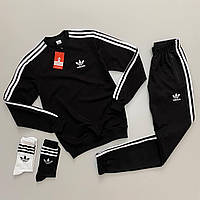 Мужской утепленный спортивный костюм Adidas черный без капюшона | Комплект зимний Адидас свитшот и штаны (Bon)