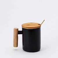 Кухоль керамічний з дерев'яною ручкою, кришкою та ложкою 380 мл (чорний), фото 2