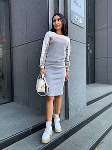 Ангоровий костюм жіночий кофта з спідницею в полоску 42/44, Сірий-білий