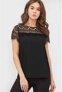 Молодіжна літня жіноча блузка з мереживом, з коротким рукавом, чорна