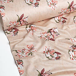 Сатин шириною 240 см "Лілії" на бежевому фоні (№4250)