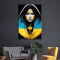 Картина на холсте патриотическая Девушка Украинка с желто голубым флагом