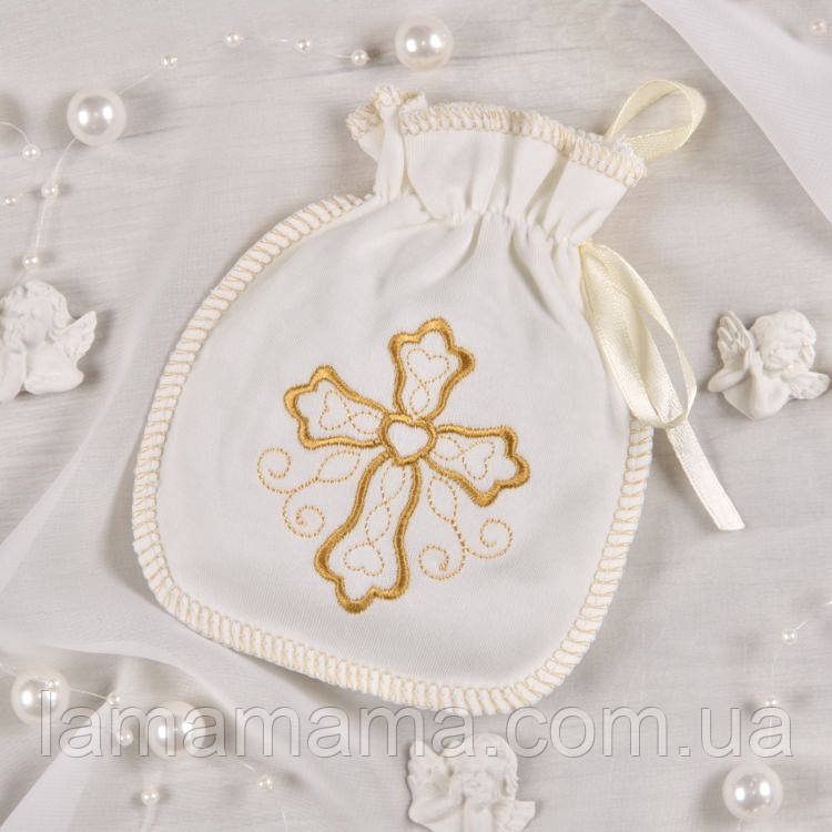 Хрестильний мішечек Чарівний янгол інтерлок Молочний/Золото Betis, фото 1