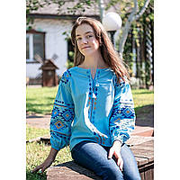Вышиванка подростковая льняная для девочки голубая. Украинская вышиванка. Вышиванка с длинным рукавом