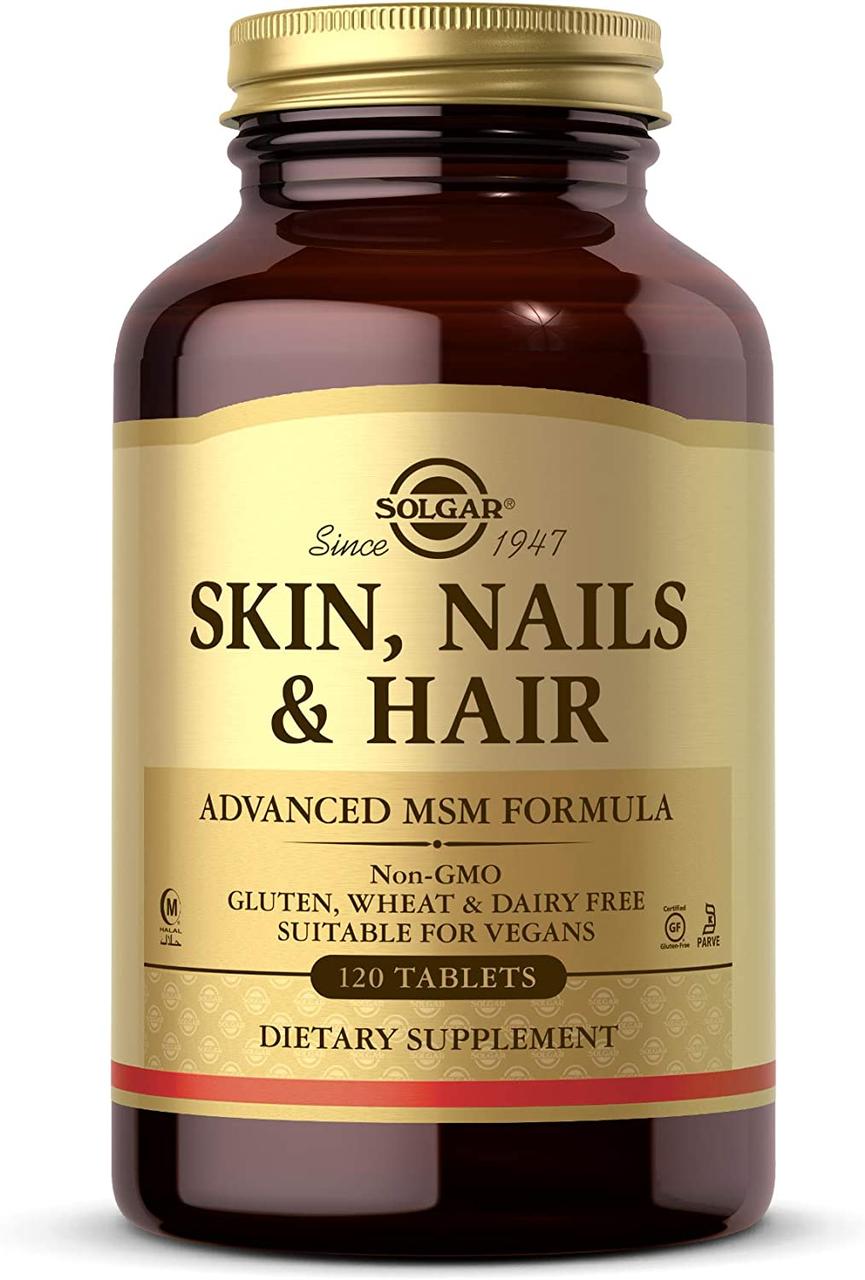 Вітаміни для волосся Solgar Skin, Nails & Hair для шкіри, нігтів і волосся з MSM 120 таблеток, фото 1