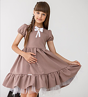 Сукня шкільна для дівчинки Бежева 116-140 р. Ошатне шкільне плаття для дівчаток Стильне плаття
