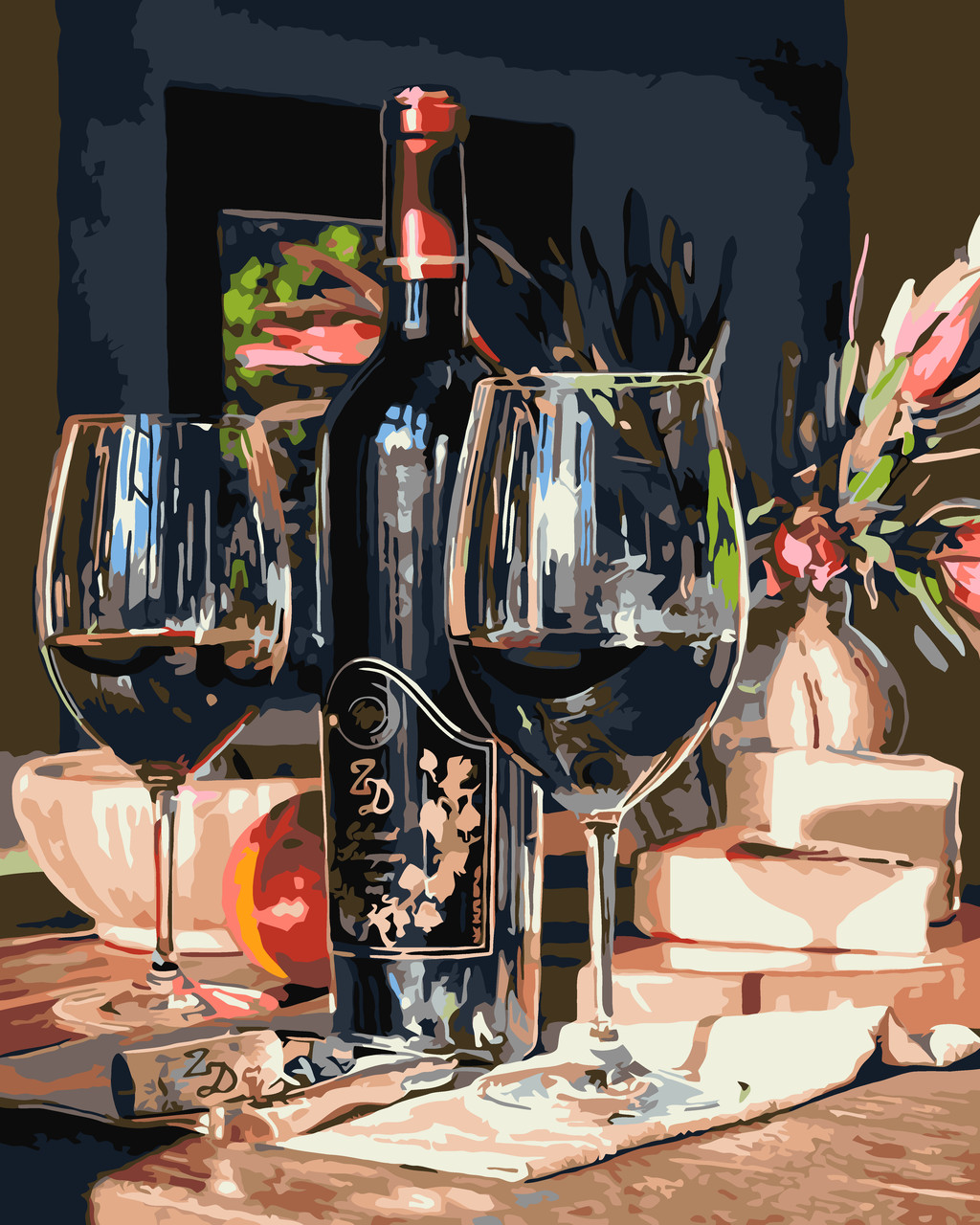 Картини за номерами 40×50 см Kontur. Натюрморт: Вино,  квіти та сир. DS0425