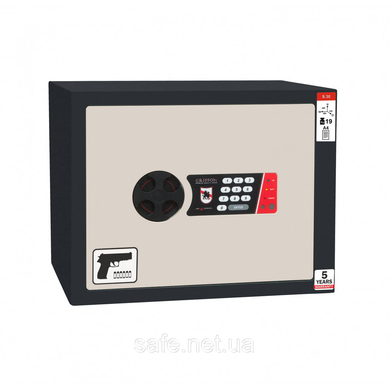 Сейф пістолетний Griffon S.30.ETP (ВхШхГ:300x380x320) сейф для зберігання пістолета, сейф для холодної зброї