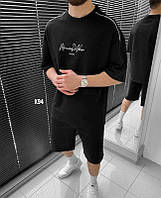 Мужской комплект футболка шорты одноцветный с надписью (черный) sK94 молодежный классный костюм монохром топ