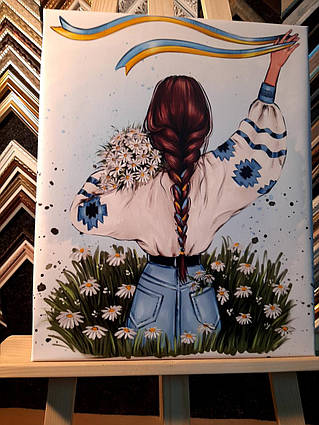Картина на полотні Україна - дівчина зі стрічкою і букетом