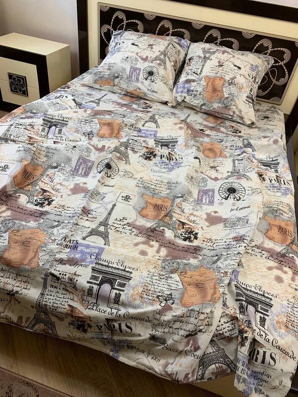 Полуторний комплект з простирадлом на резинці 100х190х20, принт: Париж беж