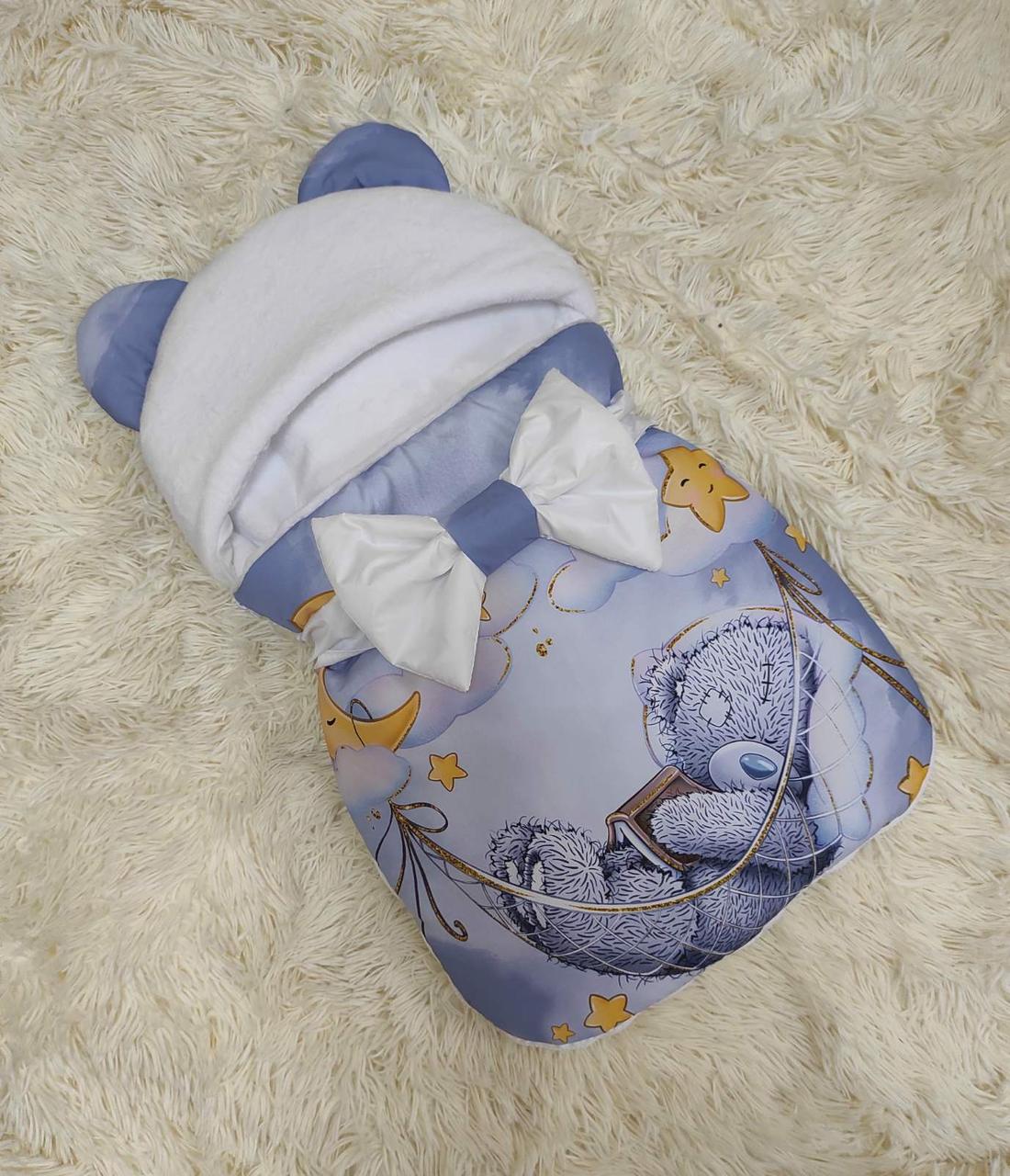 Дитячий конверт - спальник для новонароджених, принт "Мішутка", з плащової тканини на махрі
