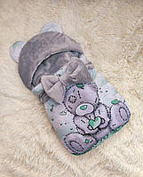 Дитячий конверт - спальник для новонароджених, принт "Ведмедик" сірий, з плащової тканини на махрі