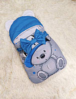 Детский теплый спальник для новорожденных мальчиков, принт Мишка, серый с синим