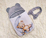 Зимовий комбінезон + конверт спальник принт "Ведмедик" для новонароджених, білий з сірим, фото 3