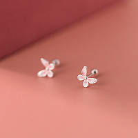 Серьги-гвоздики детские серебряные Розово-белые бабочки, сережки маленькие на закрутках, серебро 925 пробы