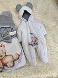 Зимовий комбінезон + конверт спальник принт "Ведмедик" для новонароджених, білий з сірим, фото 5