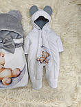 Зимовий комбінезон + конверт спальник принт "Ведмедик" для новонароджених, білий з сірим, фото 8