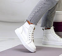 Женские кожаные хайтопы высокие кеды ботинки деми модные молодежные белые натуральная кожа
