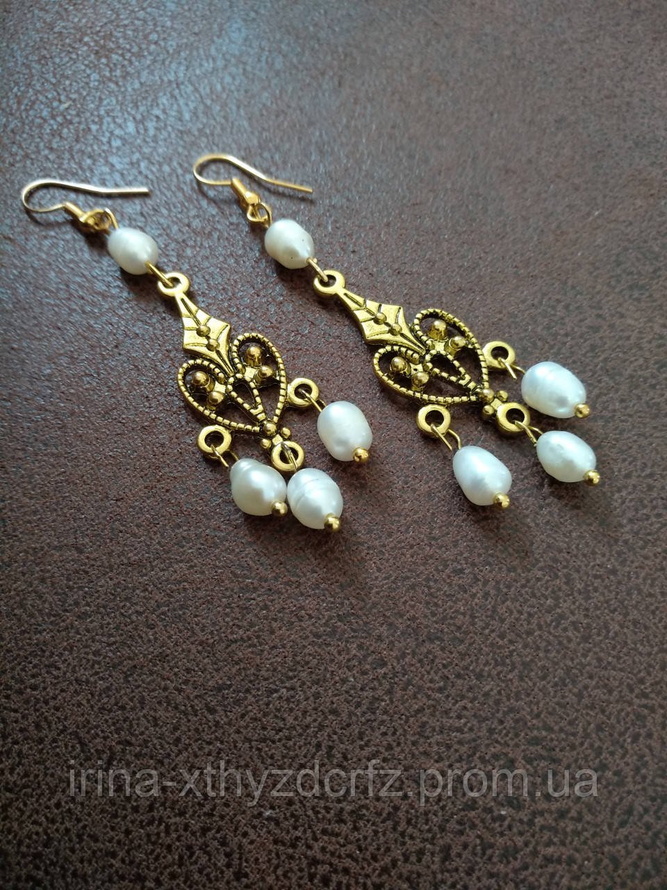 Ошатні сережки з натуральними перлами на позолоченій фурнітурі для нареченої, фото 1