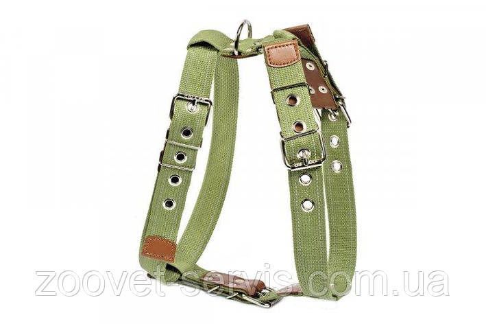 Шлея брезентова зелена для великих собак №1 CoLLaR бавовняна тасьма зі світловідбиваючою ниткою, фото 1