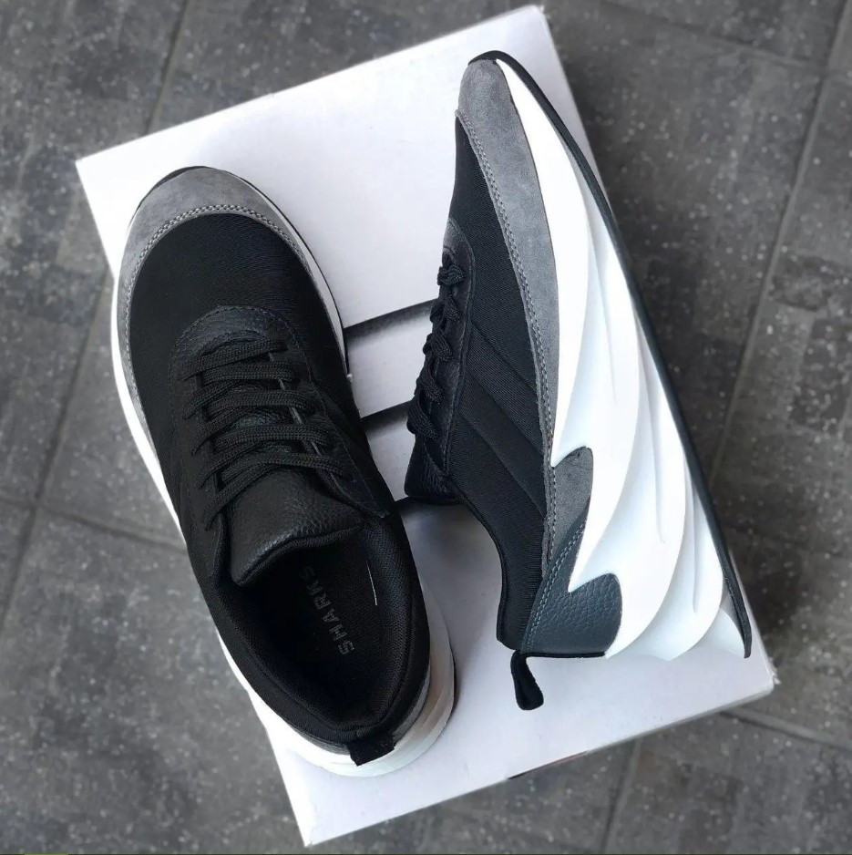 Крихітки Adidas SHARK BLACK / GREY / WHITE шкіряні з замшевою вставкою на високій білій підошві унісекс