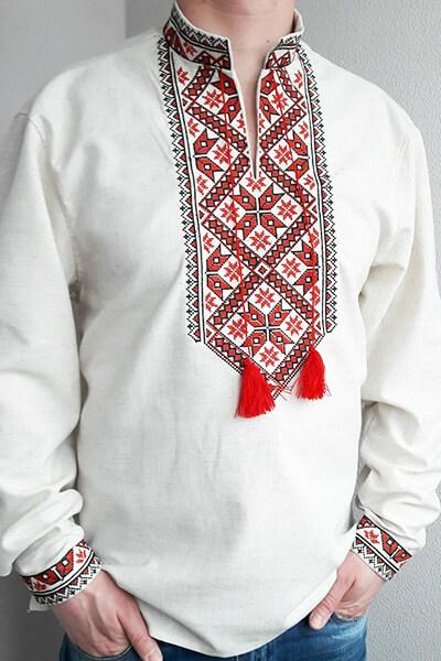 Мужская вышиванка из льна с красной вышивкой длинный рукав - фото 5 - id-p1669292717