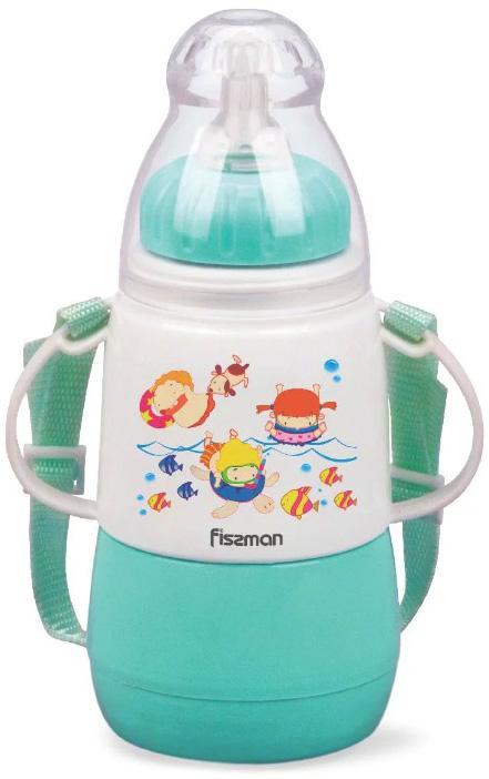 Пляшка дитяча для годування Fissman Babies "Кумедне купання" 150мл з ремінцем, аквамарин